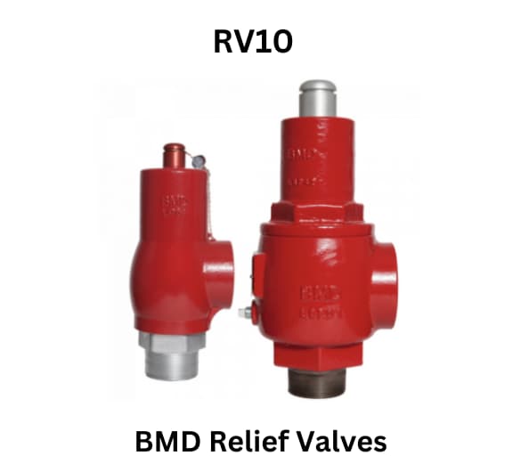 Two red BMD relief valves labeled RV10, used for pressure relief in various industrial applications